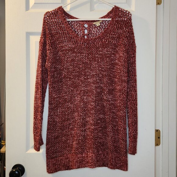 Lucky Brand Open Crochet Knit Maroon Sweater Women's Size Medium Tunic Split Bac - Picture 2 of 9